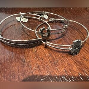 Alex and Ani silver bangles, all three together